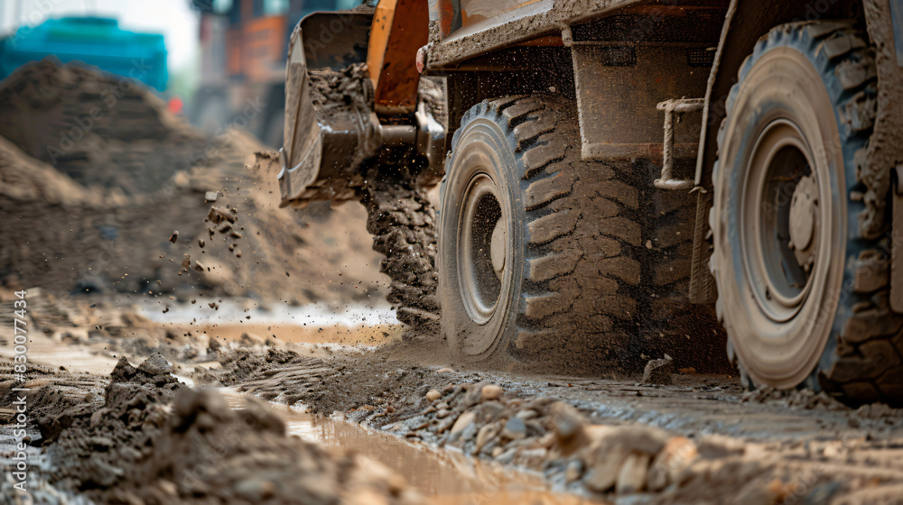 Mining truck driving through sandy area covered in dirt and sand, the tires are kicking up a lot of dust rugged and rough Mining truck driving through sandy area covered in dirt and sand, the tires are kicking up a lot of dust rugged and rough