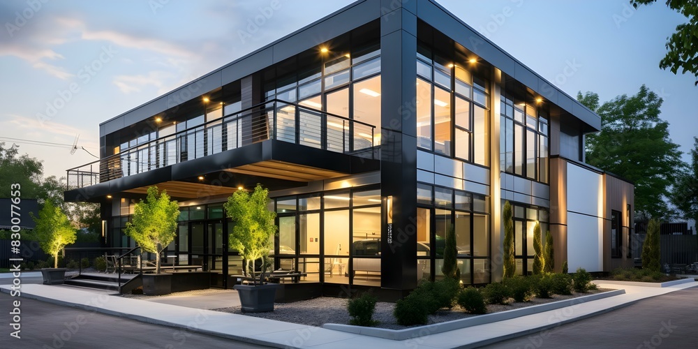 Small twostory industrial office building with modern minimalist design and glass features. Concept Industrial Office Building, Modern Design, Two-Story, Minimalist Style, Glass Features Small twostory industrial office building with modern minimalist design and glass features. Concept Industrial Office Building, Modern Design, Two-Story, Minimalist Style, Glass Features