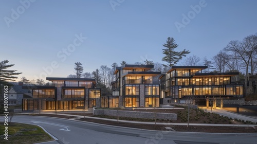 Photo of a modern residential complex with multiple buildings featuring large glass windows and illuminated interiors at dusk, surrounded by trees. © mashimara