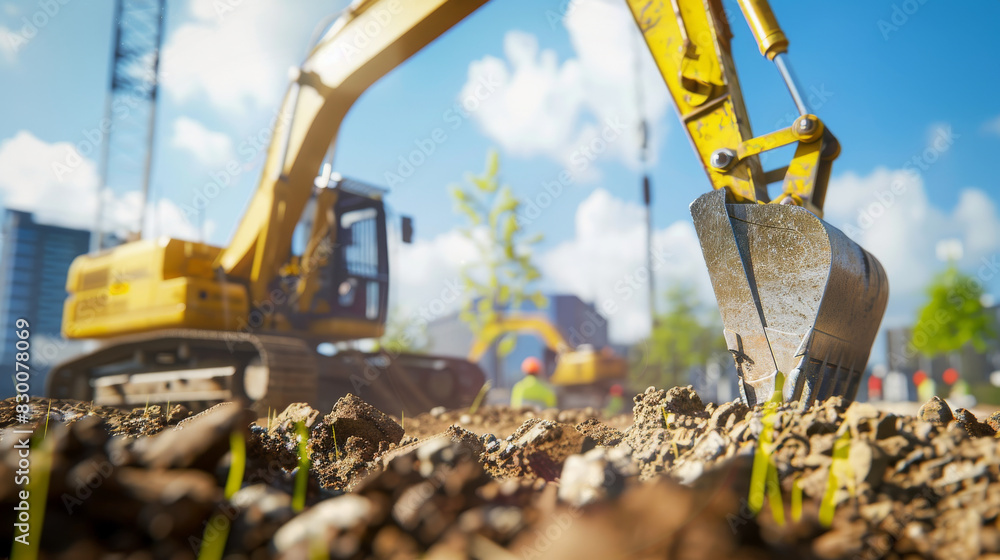 Obraz premium Excavator at work on a sunny construction site