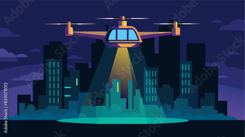 With the city below shrouded in darkness the autonomous air taxi was a beacon of light providing a unique and efficient means of travel for its passengers.. Vector illustration