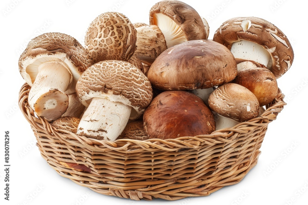 Organic mixed mushrooms in basket - fresh champignons and porcini fungi arranged from above Organic mixed mushrooms in basket - fresh champignons and porcini fungi arranged from above