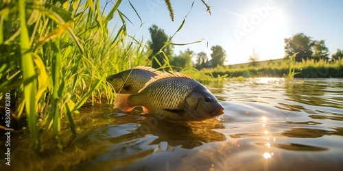 Fishermen catch bronze bream and carp bream near green reeds with rods. Concept Fishing, Bronze Bream, Carp Bream, Green Reeds, Fishing Rods photo