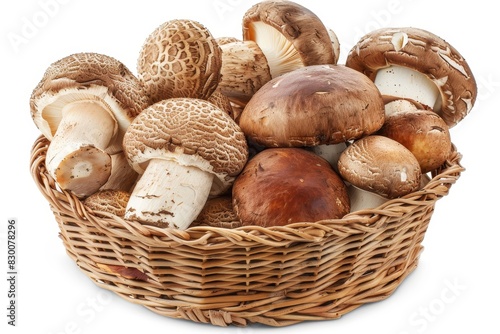 Organic mixed mushrooms in basket - fresh champignons and porcini fungi arranged from above