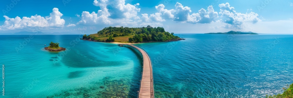 Fototapeta premium Aerial photography of beautiful tropical landscape background, summer travel and vacation concept. Nine-curved bridge wooden pier leading to the island, blue sky and white clouds, panoramic view, arti
