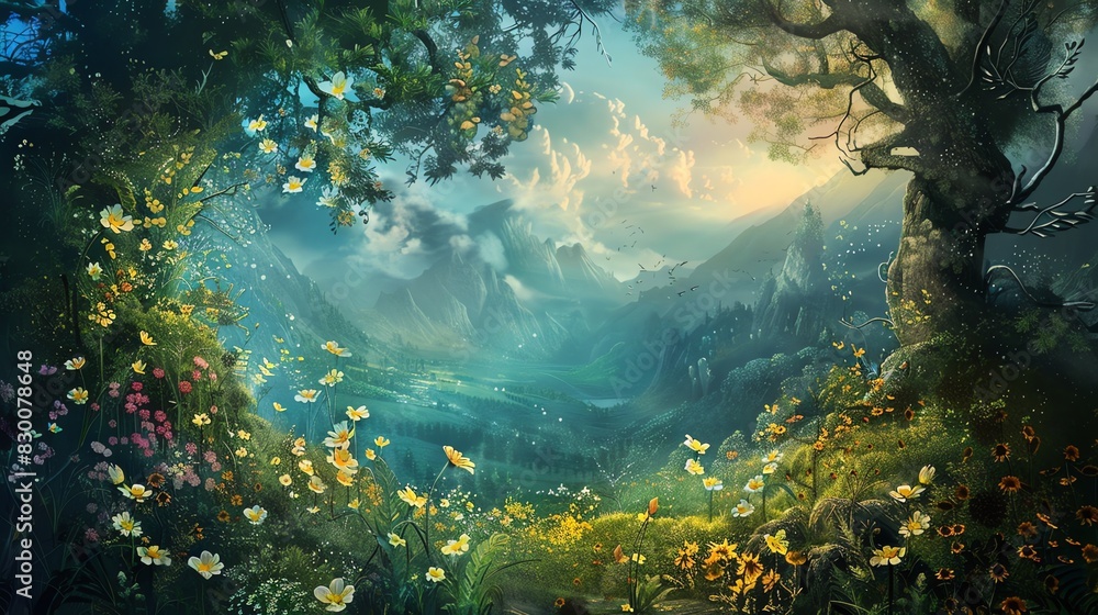 Fantasy forest path with magical creatures and lights Fantasy forest path with magical creatures and lights