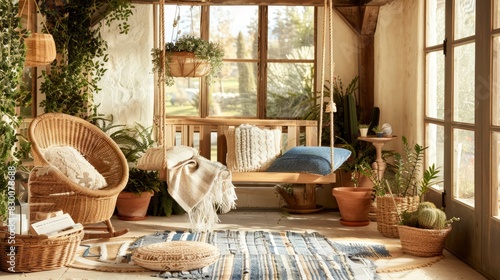 Photo of a cozy porch with wooden chairs featuring blue patterned cushions, surrounded by potted plants and a wooden dining set in the background.