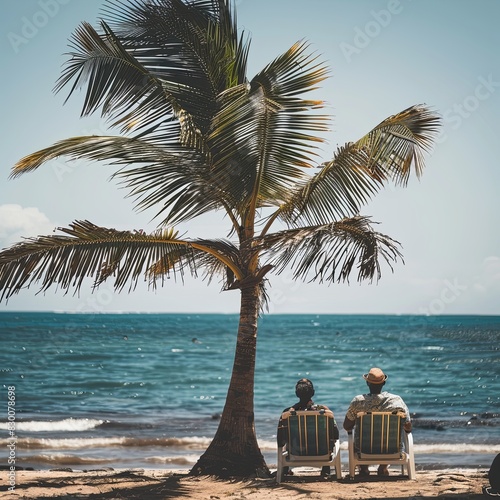 Sunny Seaside Retreat: African American couple lounging on sun loungers under palm tree on beautiful coastal beach.