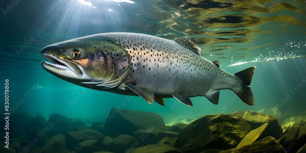 Fototapeta premium Salmon trout hunting underwater for prey in their natural habitat. Concept Underwater Hunting, Salmon Trout, Natural Habitat, Prey, Aquatic Ecosystem