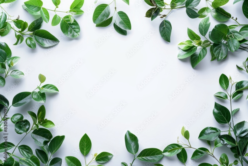 Green leaves encircling a stark white abstract frame Green leaves encircling a stark white abstract frame