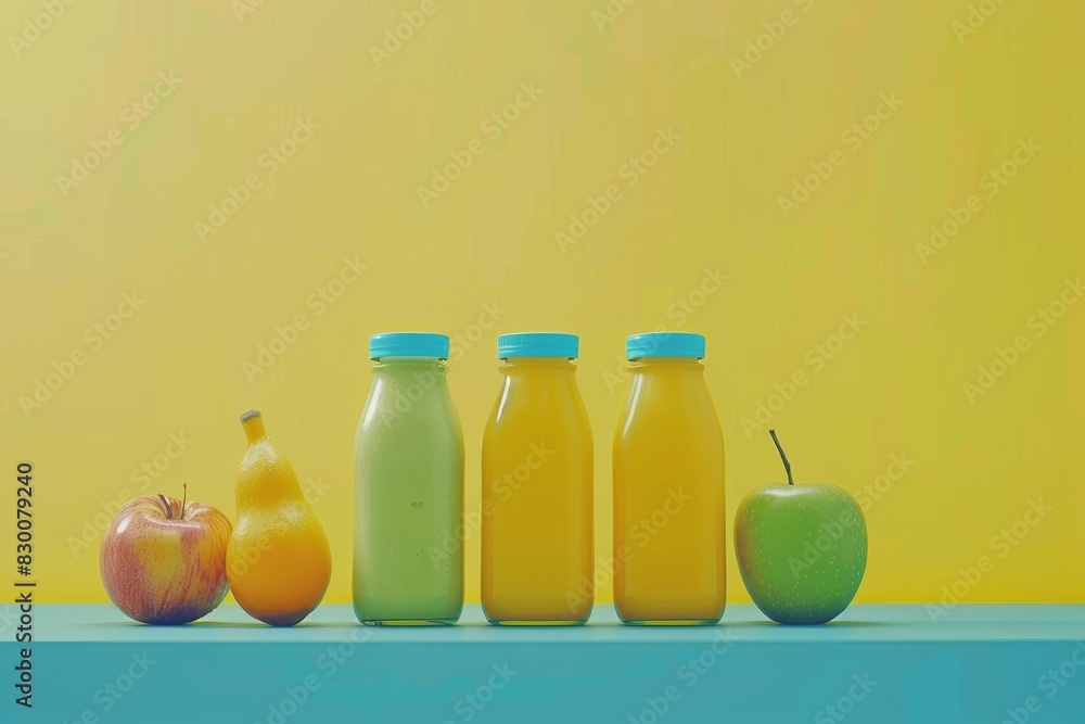 Assorted Fresh Juices in Bottles with Fruits on Yellow Background, Healthy and Nutritious, Vibrant and Refreshing Assorted Fresh Juices in Bottles with Fruits on Yellow Background, Healthy and Nutritious, Vibrant and Refreshing
