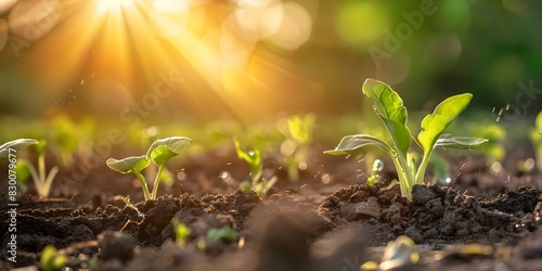 New sprouts emerging in fertile soil showcasing sustainable agriculture practices and efficient water consumption. Concept Sustainable Agriculture, New Growth, Soil Cultivation