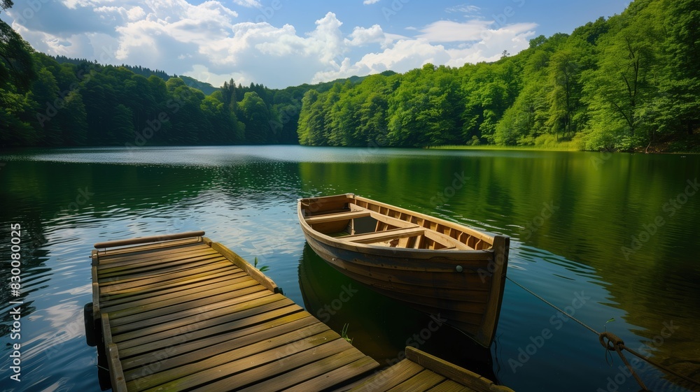 Obraz premium Tranquil lake scene with a rowboat tied to a wooden dock amidst lush greenery.