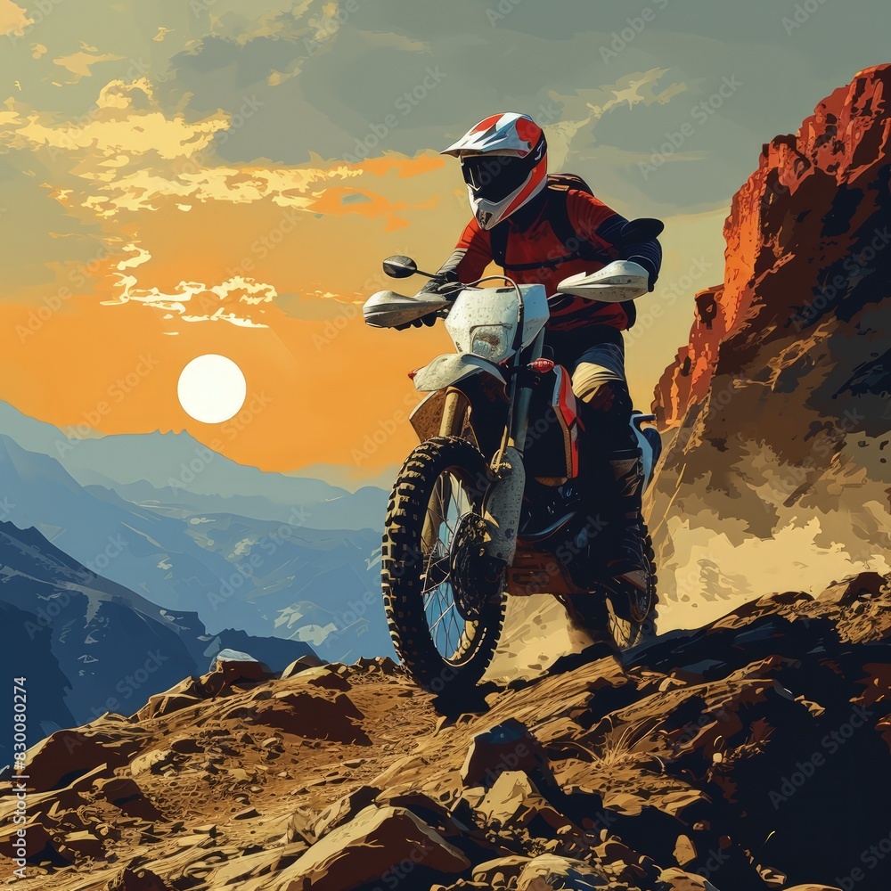 motocross on the mountain flat illustration, Memphis style, vector 2d, flat vector illustration