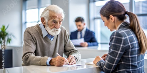 An old man is denied a loan from a bank.
