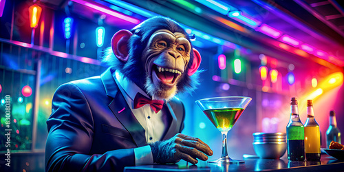 A chimpanzee monkey works as a bartender in a nightclub.