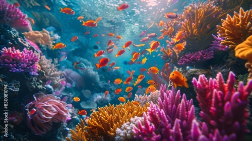 Vibrant Underwater Seascape with Colorful Coral Reefs and Tropical Fish in Ocean Waters