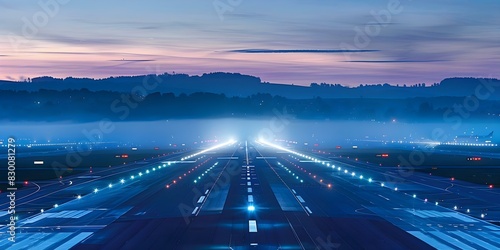 Dawn at an airport runway with planes ready to depart under the glow of runway lights. Concept Airport, Runway, Dawn, Departures, Runway Lights photo