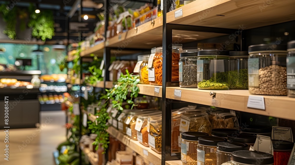 Fototapeta premium Plant-Based Food Products Highlighted in a Modern and Sustainable Grocery Store