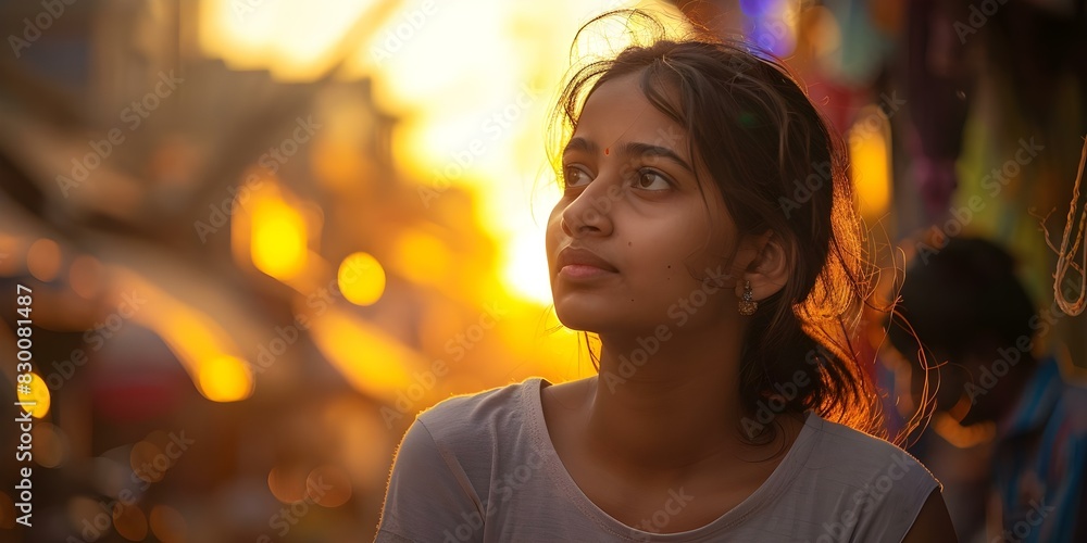 Focused Indian woman in plain tshirt on street in the evening. Concept Portrait Photography, Indian Culture Expressed, Women Empowerment, Evening Cityscape, Casual Street Style Focused Indian woman in plain tshirt on street in the evening. Concept Portrait Photography, Indian Culture Expressed, Women Empowerment, Evening Cityscape, Casual Street Style