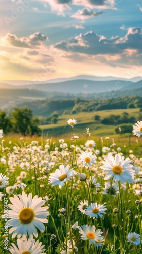 Beautiful spring and summer nature landscape with blooming daisies on the meadow in the hilly countryside.，Idyllic Spring and Summer Countryside Landscape - Blooming Daisy Meadow Scenic 4K Wallpaper A