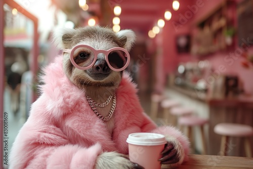 stylish classy modern fashionista sloth wearing pink sunglasses and pink firry coat at coffee shop
