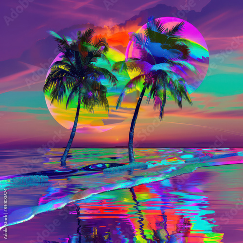 Surreal Tropical Scene with Palm Trees at Sunset Beach. Electronic Retro 80s Music Vinyl Record Cover. Party Holidays Poster. Retrowave Synthwave Vaporwave Style