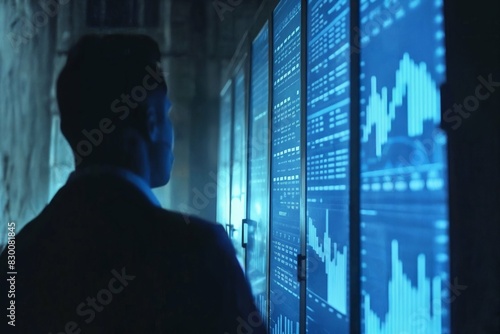 a silhouette of a person intently observing multiple screens displaying graphs and data analytics in a blue-lit room © Stanislav