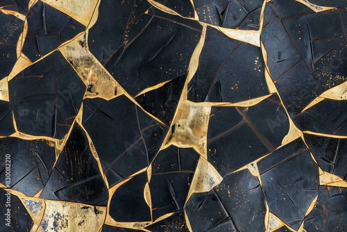 close-up of a cracked surface with black and gold patterns
