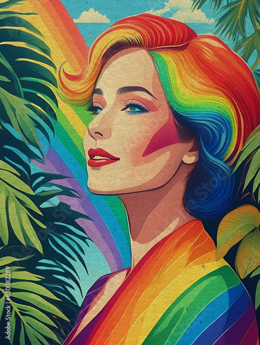 Young woman in rainbow colours. Poster on rough cardboard styled in the 1950s. Colourful motif in Pride Month. 