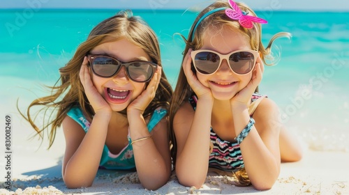 Photo of two little girls lying on the beach  smiling with sunglasses on  enjoying the sunny day by the turquoise water.