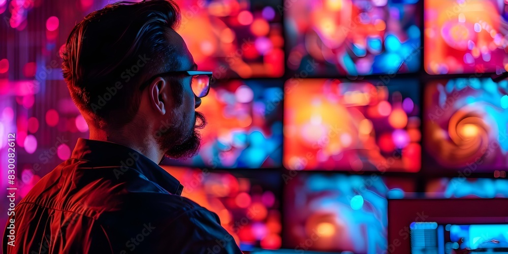 Individual mesmerized by diverse multimedia displays on multiple screens in a room. Concept Technology, Multimedia Displays, Diversity, Engagement, Virtual Reality Individual mesmerized by diverse multimedia displays on multiple screens in a room. Concept Technology, Multimedia Displays, Diversity, Engagement, Virtual Reality