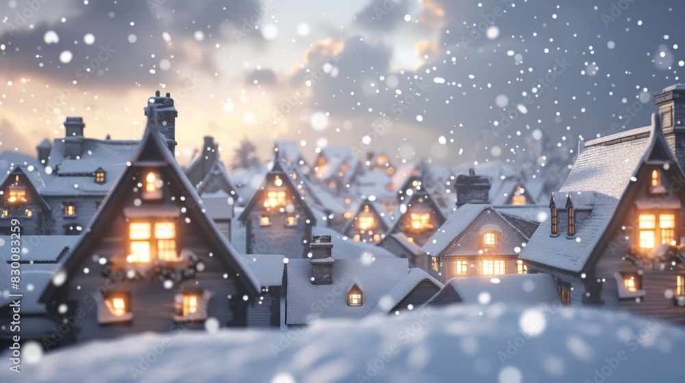 Naklejka premium Photo of snow-covered cabins in a pine forest during winter, with warm lights glowing from the windows, creating a cozy, serene atmosphere.