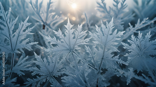 Winter frost patterns on glass. Ice crystals or cold winter background.  Generative AI