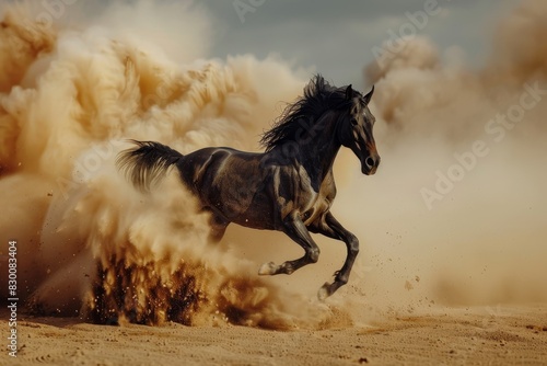 Stunning black horse galloping in vast dusty desert landscape under clear blue sky