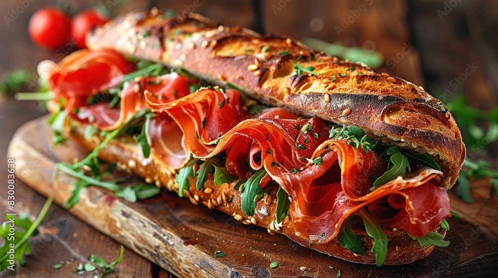 Homemade Italian Sub Sandwich with prosciutto or jamon, Tomato, and Lettuce Homemade Italian Sub Sandwich with prosciutto or jamon, Tomato, and Lettuce