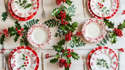 Photo of a festive holiday table setting with red and white plates, holly leaves, and berries, creating a cheerful and elegant atmosphere.