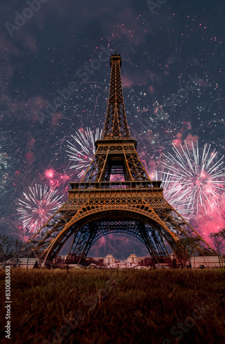 Eiffel tower with fireworks at night  in Paris, France. The Eiffel tower is the most visited touristic attraction in France © muratart