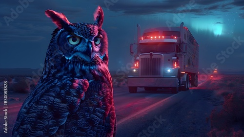 Surreal of a Great Gray Owl Excelling as a Truck Driver at Night on a Remote Desert Highway with Aurora Borealis Lighting photo
