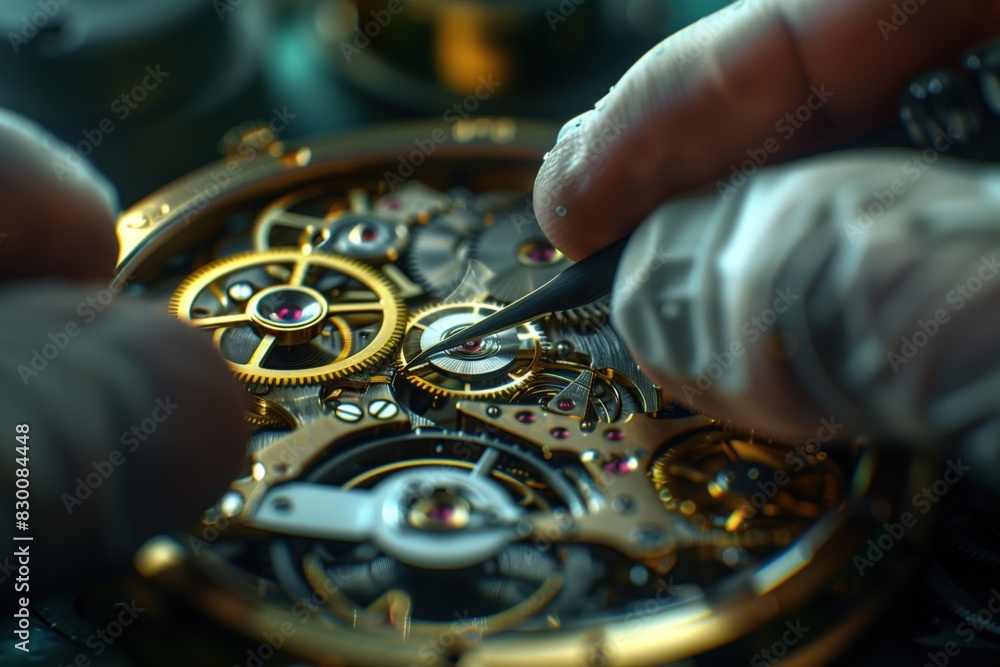 watchmaker's hands fixing the mechanism of a watch in a watch repair shop watchmaker's hands fixing the mechanism of a watch in a watch repair shop