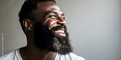 Closeup of a smiling Black man shaving his beard for sel. Concept Portrait Photography, Grooming, Men's Skincare, Personal Care, African American Model photo