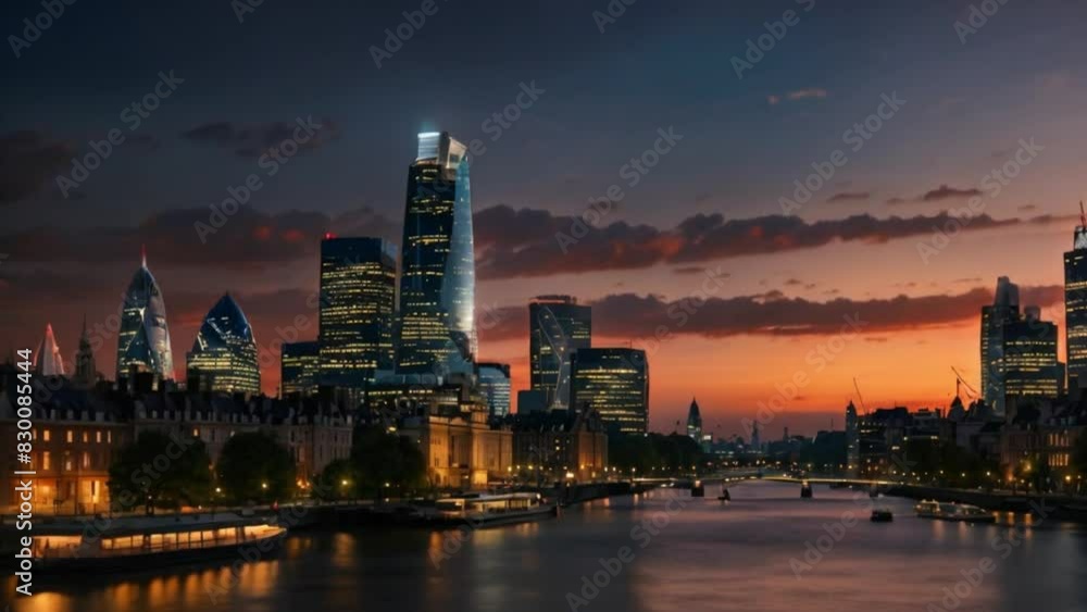 Skyline view of City skyscrapers at dusk Skyline view of City skyscrapers at dusk