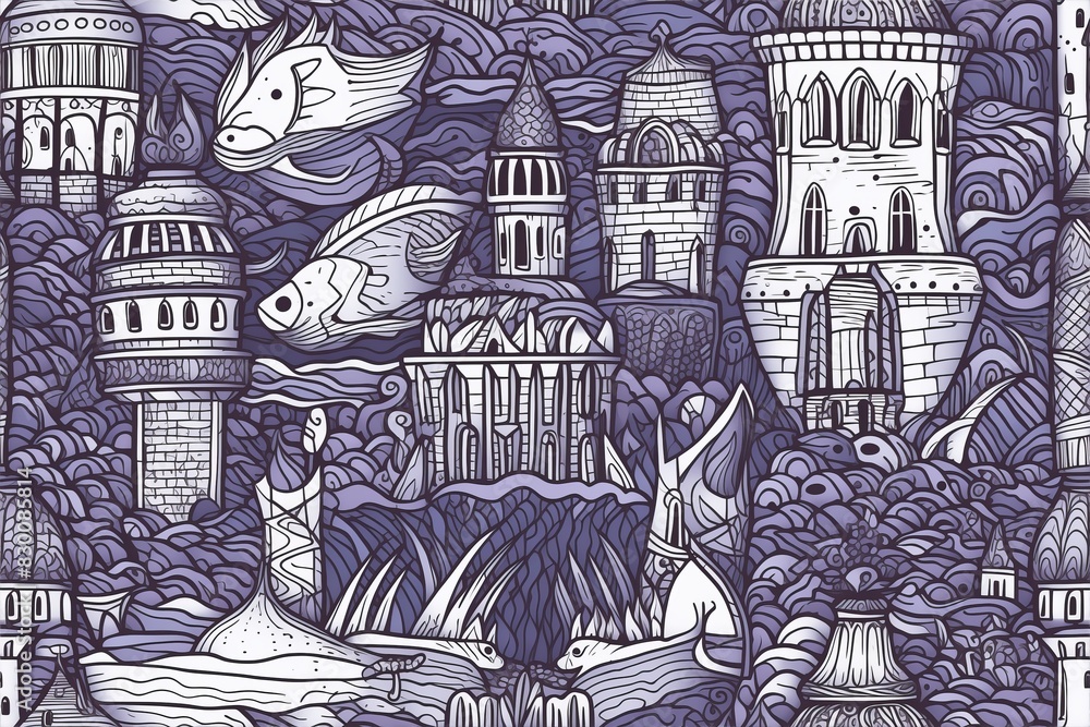 Whimsical underwater city, blending architectural elements with marine life background Whimsical underwater city, blending architectural elements with marine life background