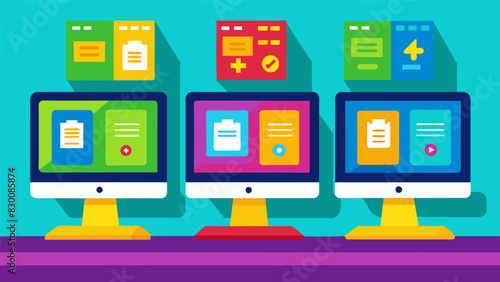 Brightly colored posters line the walls of the computer lab displaying basic keyboard shorts and coding commands to help the children in their learning.. Vector illustration