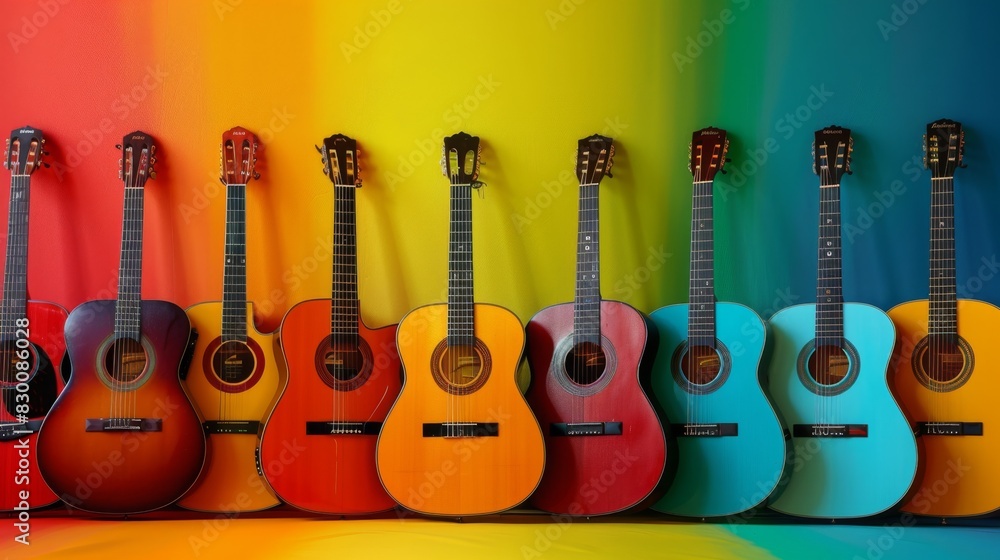Naklejka premium Colorful acoustic guitar on vibrant background, music, hobby, electronic music festival, music festival, summer party, party, vocal, art, artistic, 4k HD wallpaper, background, generated by AI.