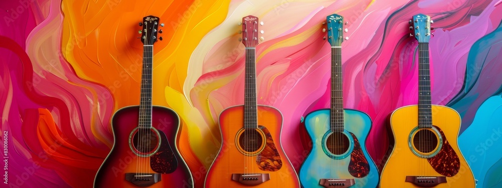 Naklejka premium Colorful acoustic guitar on vibrant background, music, hobby, electronic music festival, music festival, summer party, party, vocal, art, artistic, 4k HD wallpaper, background, generated by AI.