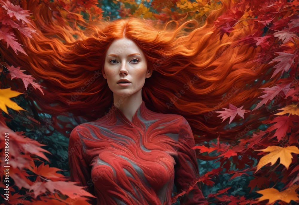 Fantasy image of a red-haired girl in fall foliage Fantasy image of a red-haired girl in fall foliage