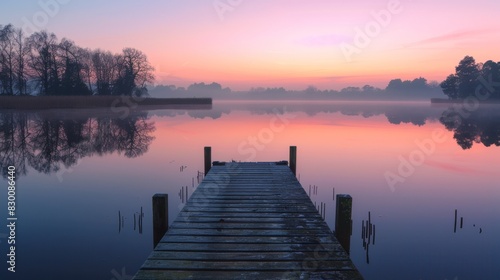 Serene sunset over a tranquil lake with a wooden pier leading into the calm waters under a colorful sky. Generative Ai