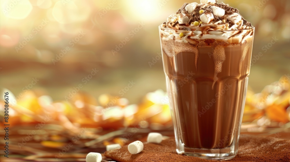 a tall glass brimming with frothy hot chocolate, crowned with a layer of marshmallows and chocolate shavings, set against a serene light background, inviting viewers to savor the moment. a tall glass brimming with frothy hot chocolate, crowned with a layer of marshmallows and chocolate shavings, set against a serene light background, inviting viewers to savor the moment.