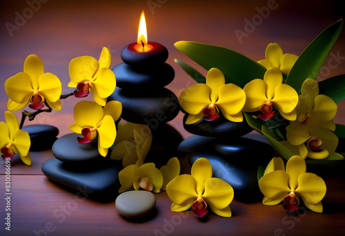 A still life arrangement with two yellow orchids  black stones  and a lit candle